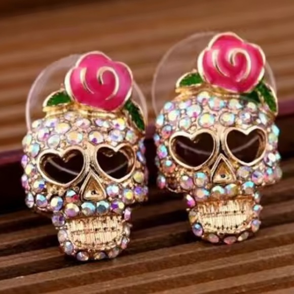 Pink Skull Skeleton Gold Crystal Earrings - Picture 5 of 13